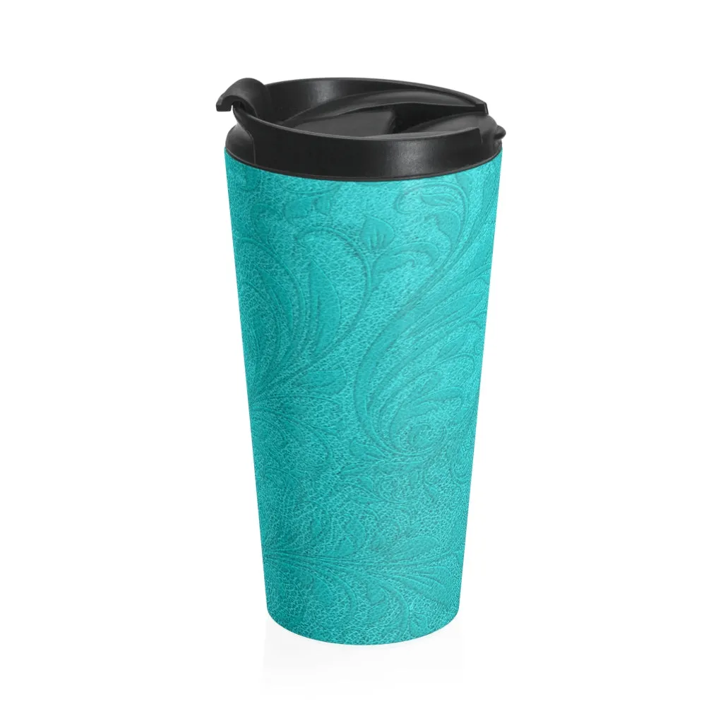 Turquoise Embossed Leather Look Stainless Steel Travel Mug