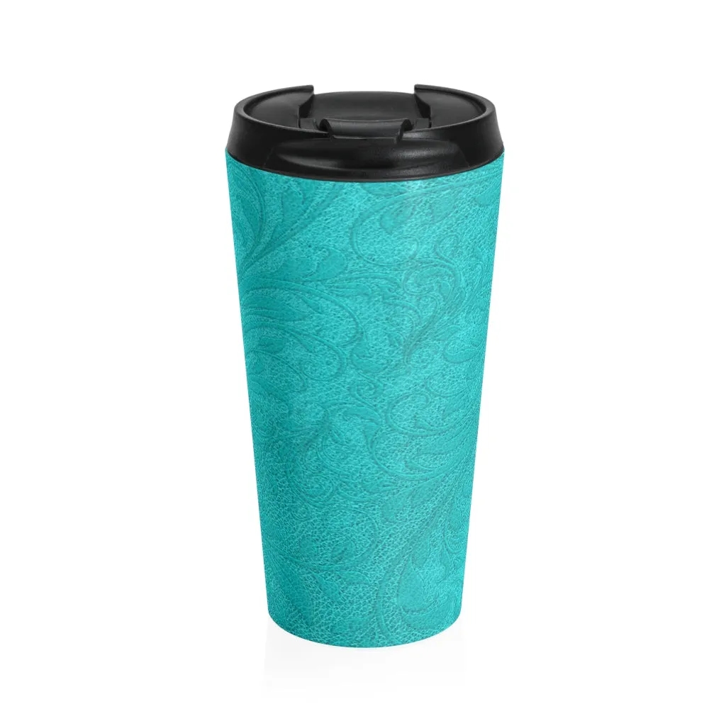 Turquoise Embossed Leather Look Stainless Steel Travel Mug