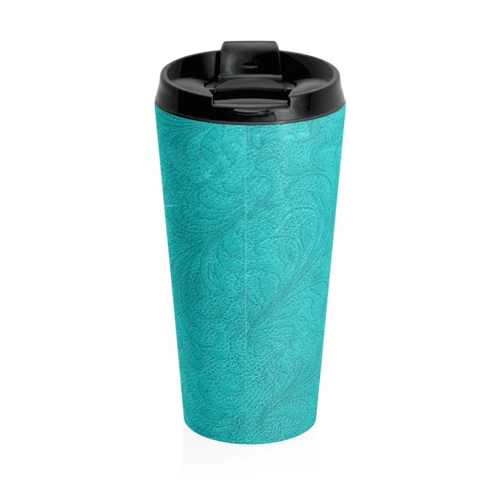 Turquoise Embossed Leather Look Stainless Steel Travel Mug