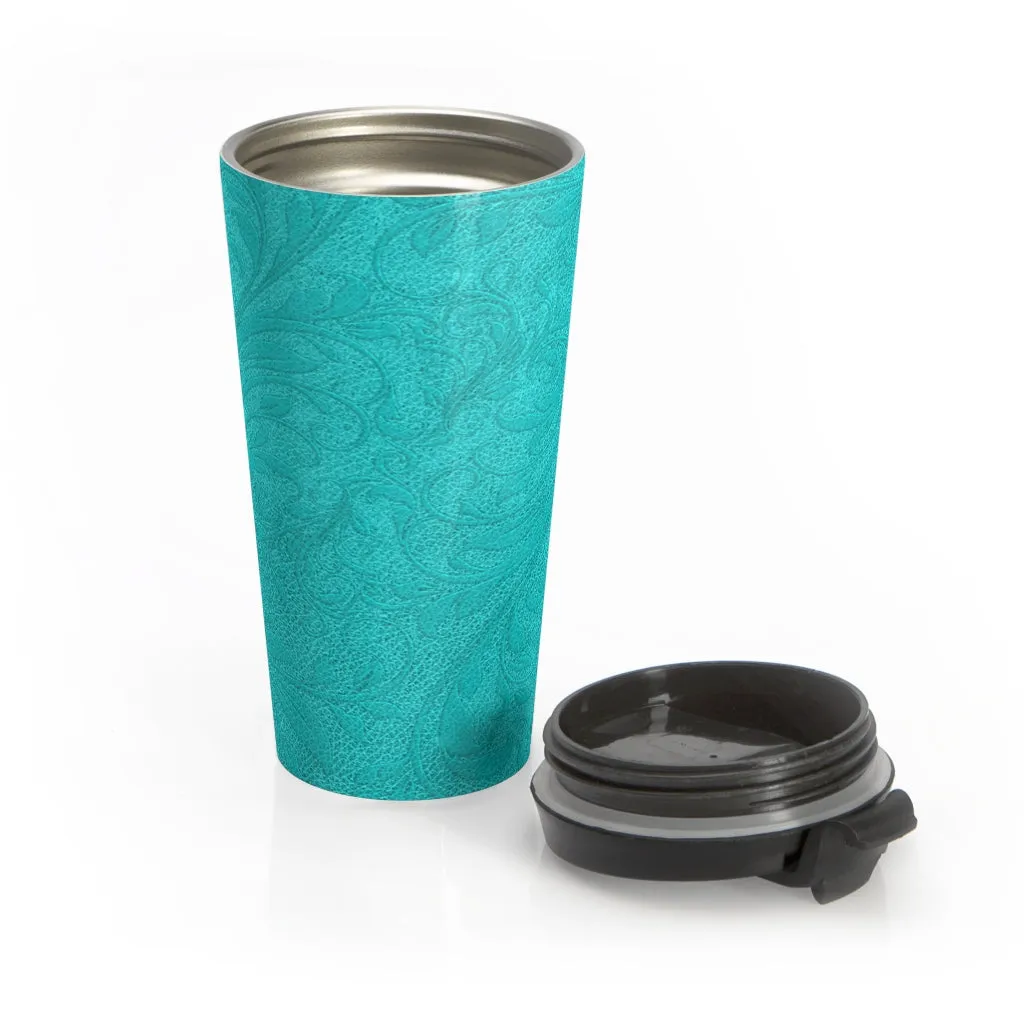 Turquoise Embossed Leather Look Stainless Steel Travel Mug