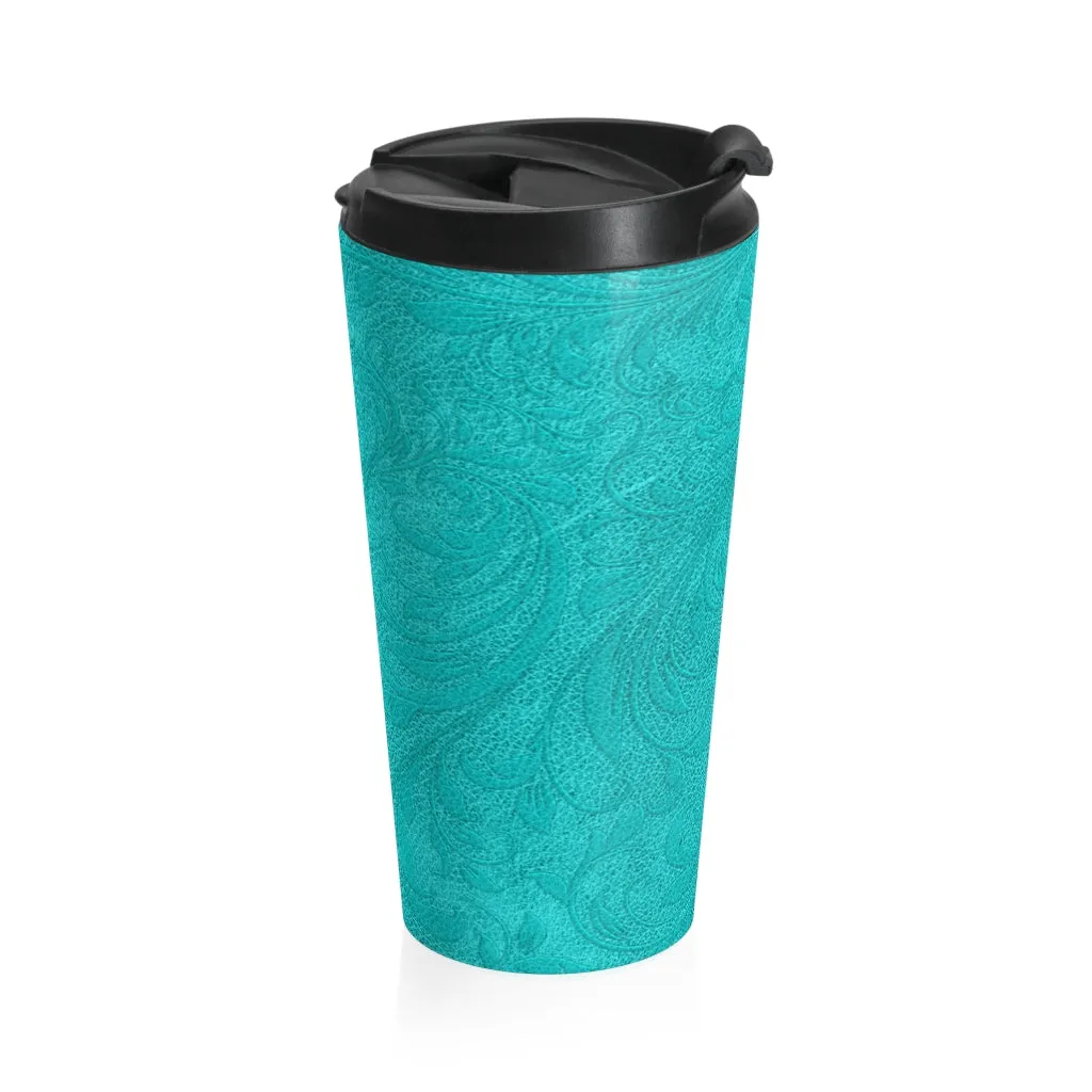 Turquoise Embossed Leather Look Stainless Steel Travel Mug
