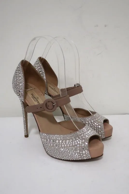 Valentino Microstud Mary Jane Pumps Crystal-Embellished Nude Leather Size 35.5