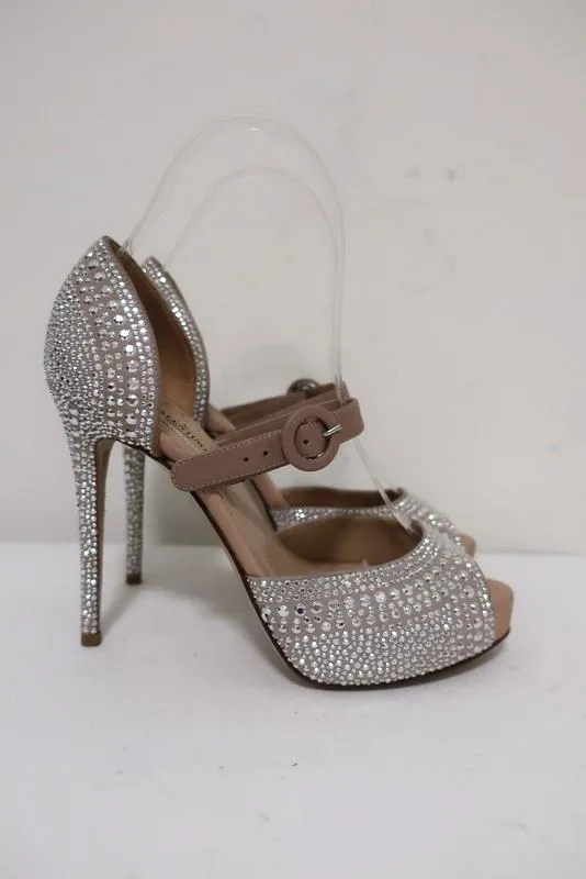 Valentino Microstud Mary Jane Pumps Crystal-Embellished Nude Leather Size 35.5
