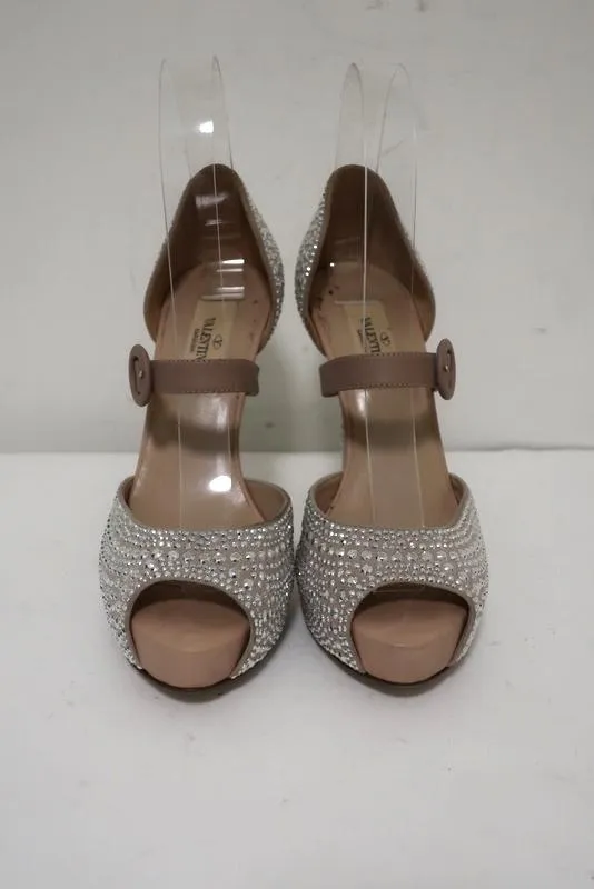 Valentino Microstud Mary Jane Pumps Crystal-Embellished Nude Leather Size 35.5
