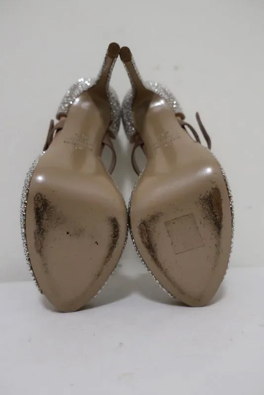 Valentino Microstud Mary Jane Pumps Crystal-Embellished Nude Leather Size 35.5