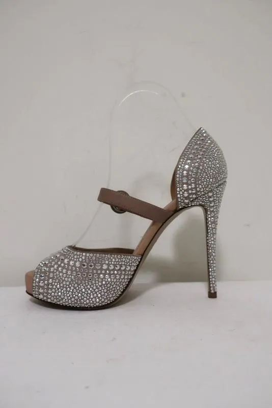 Valentino Microstud Mary Jane Pumps Crystal-Embellished Nude Leather Size 35.5