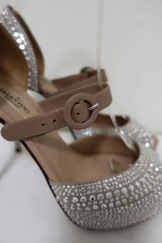 Valentino Microstud Mary Jane Pumps Crystal-Embellished Nude Leather Size 35.5