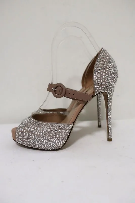 Valentino Microstud Mary Jane Pumps Crystal-Embellished Nude Leather Size 35.5