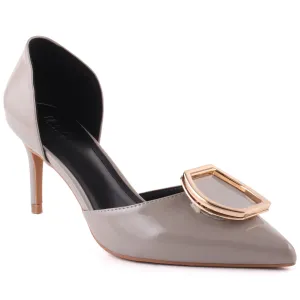 Women "ROMILY" Patent Metallic Square Buckled Vamp D’Orsay Stiletto Heel Sandals