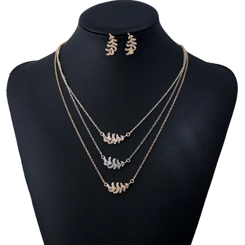 Women Stylish Multilayer Shiny Rhinestone Decoration Leaf Shape Jewelry Set