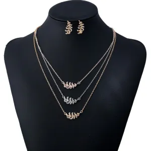 Women Stylish Multilayer Shiny Rhinestone Decoration Leaf Shape Jewelry Set