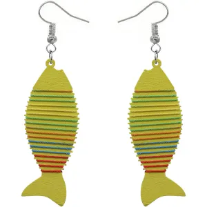 Yellow Multicolor Wooden Woven Fish Earrings