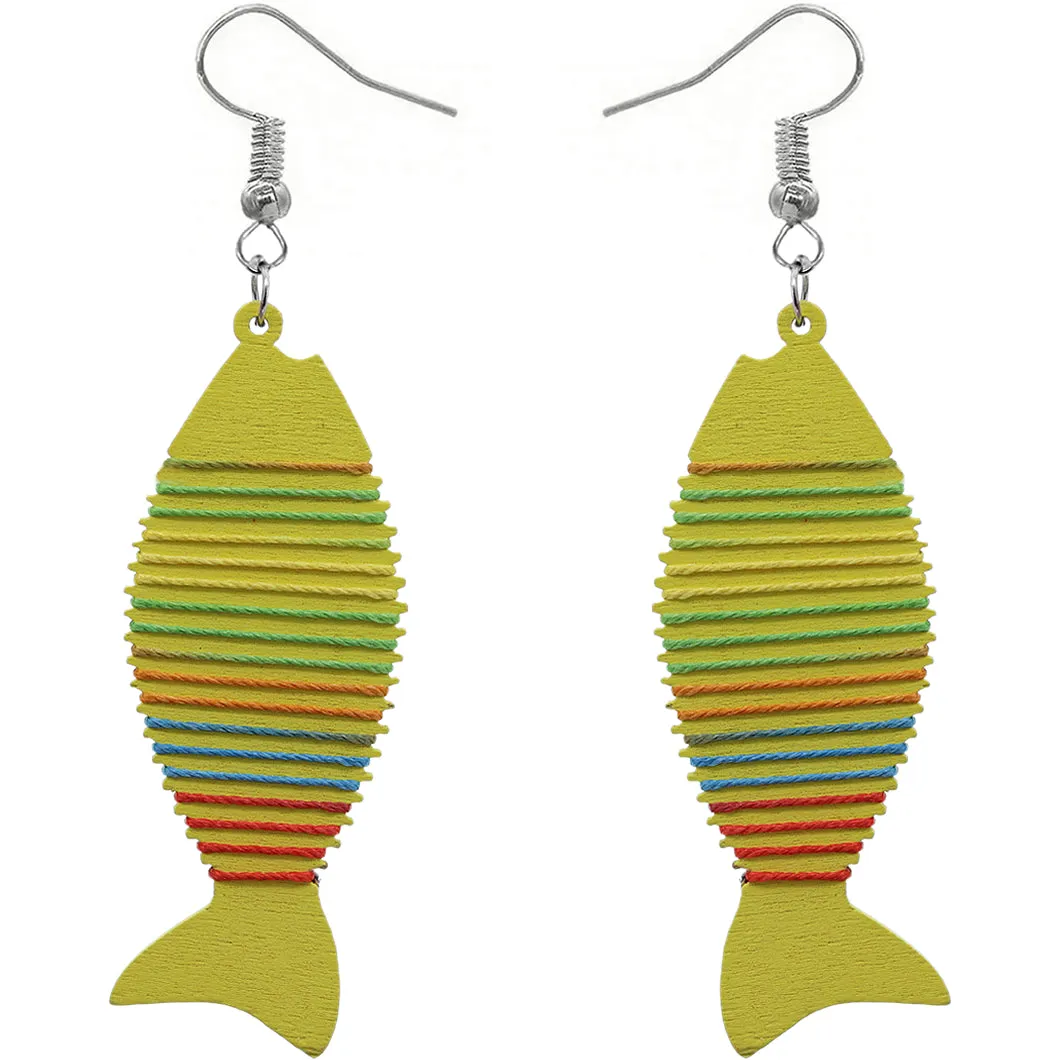 Yellow Multicolor Wooden Woven Fish Earrings