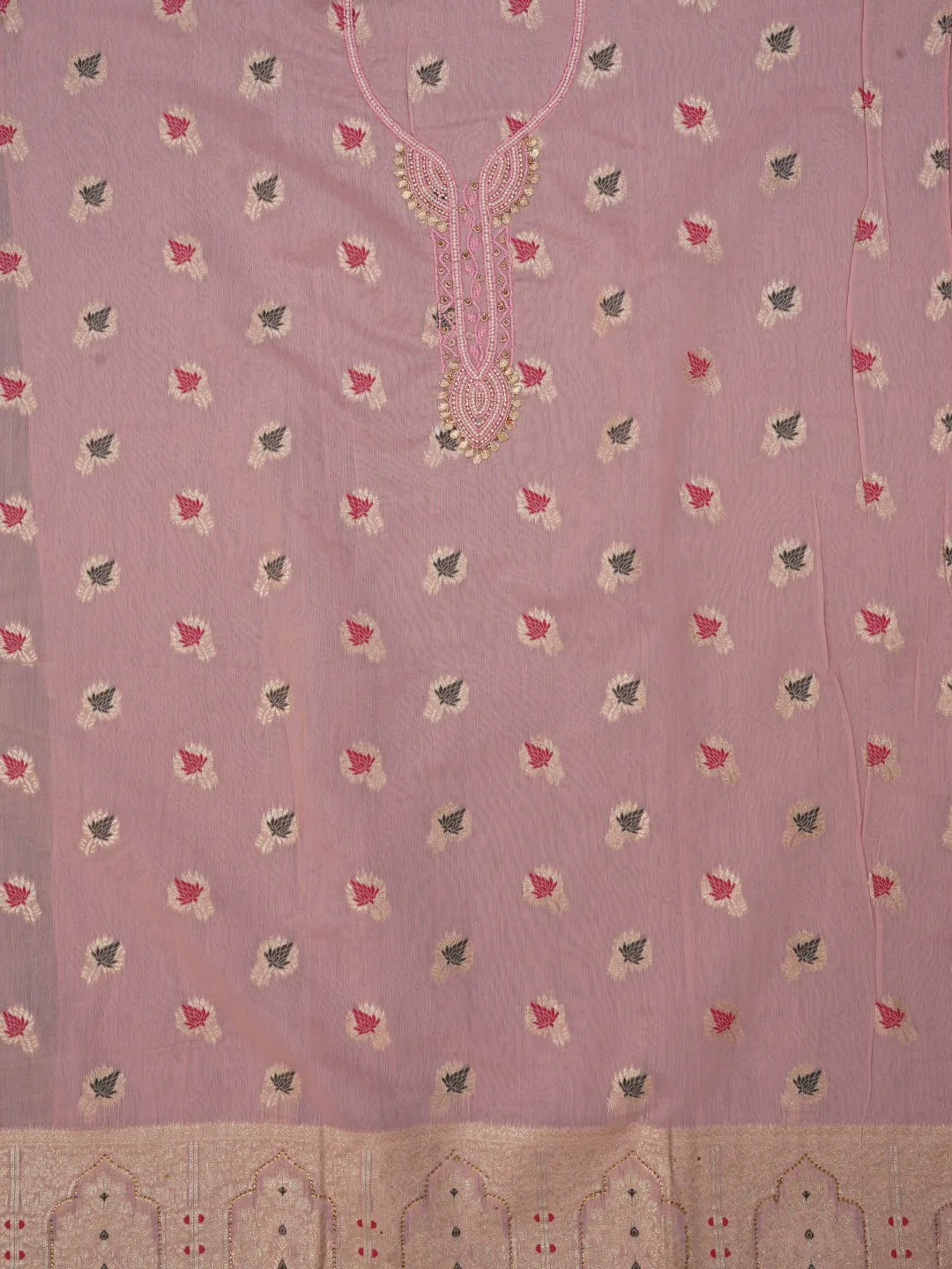 Zari Pink Woven Cotton Blend Dress Material with Dupatta