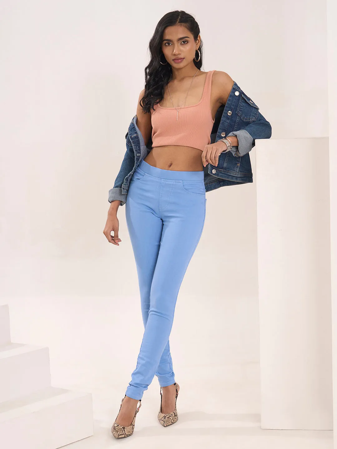 ZOLA Comfortable Denim Light Blue Full Length Jegging for Women