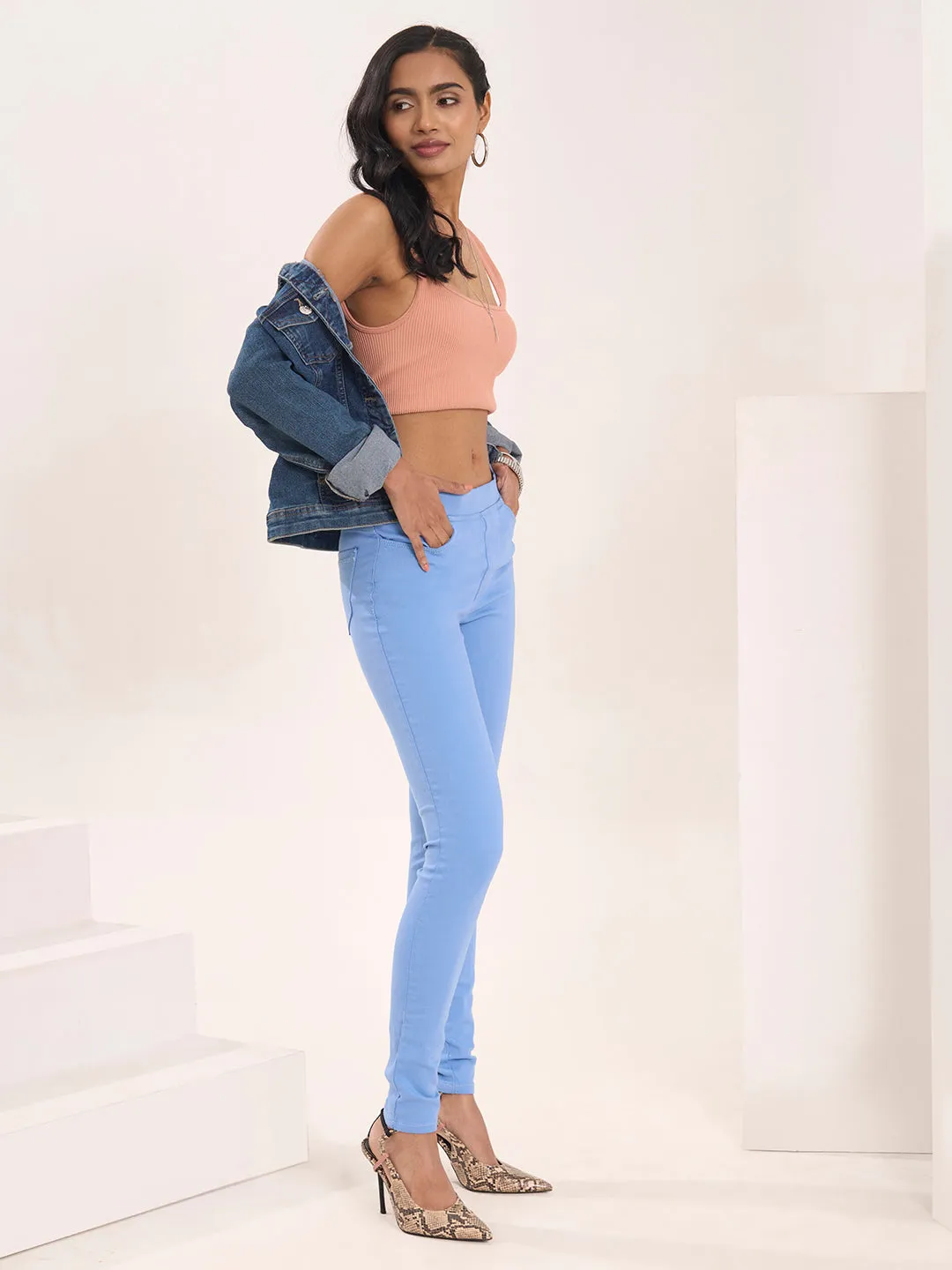 ZOLA Comfortable Denim Light Blue Full Length Jegging for Women