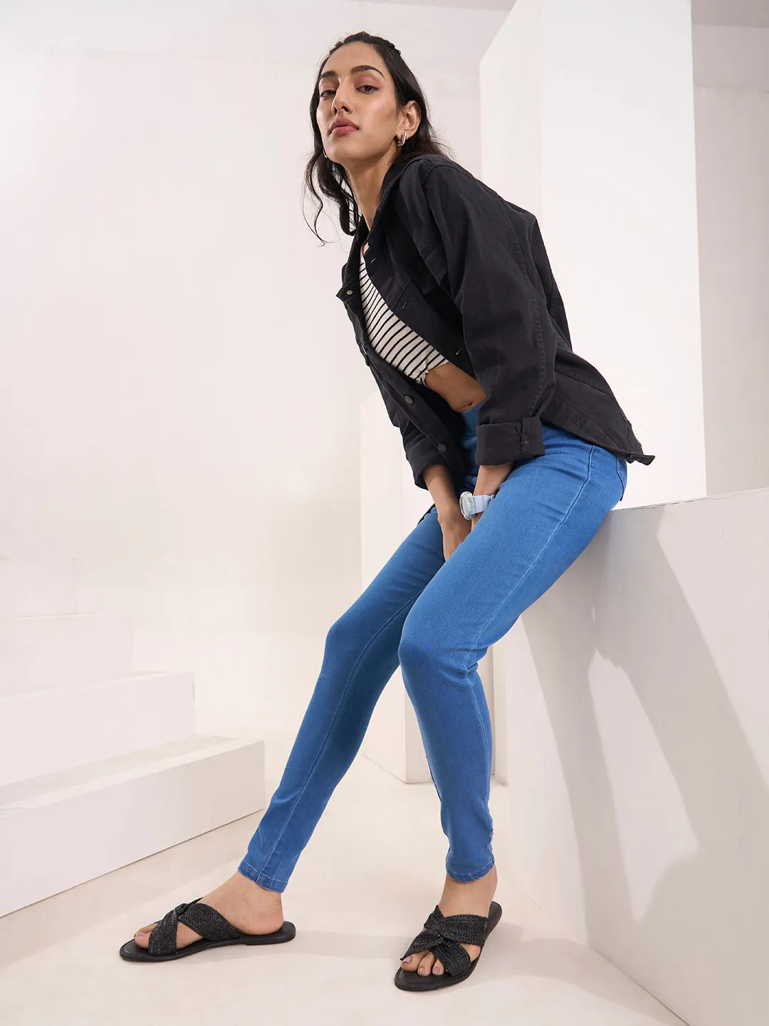 ZOLA Comfortable Denim Stone Blue Full Length Jegging for Women