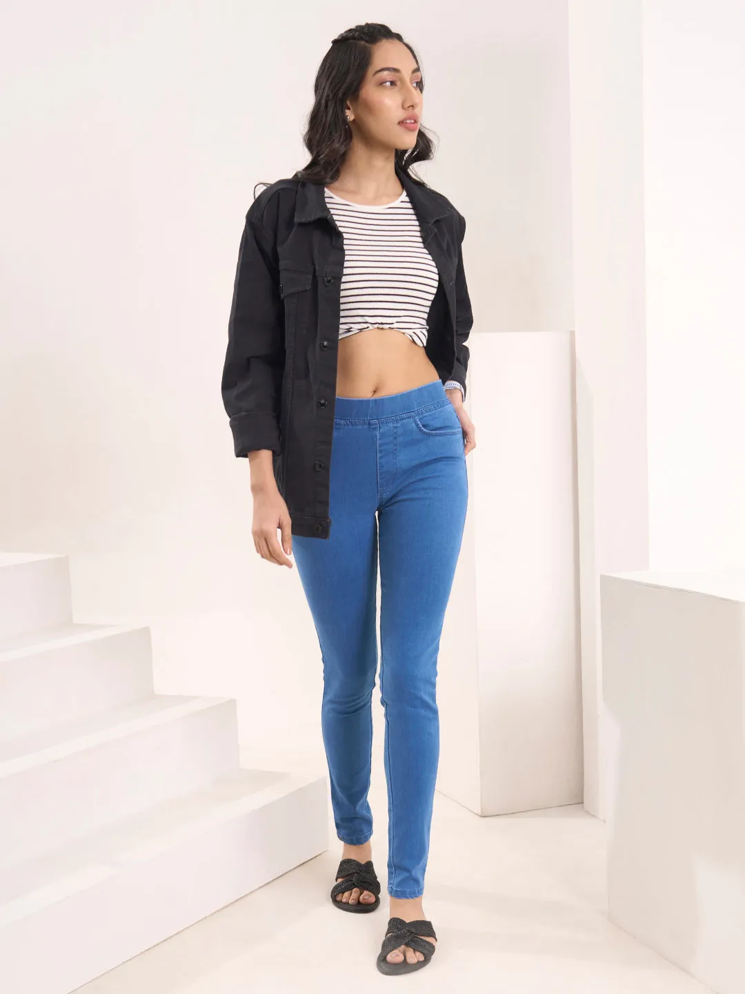 ZOLA Comfortable Denim Stone Blue Full Length Jegging for Women