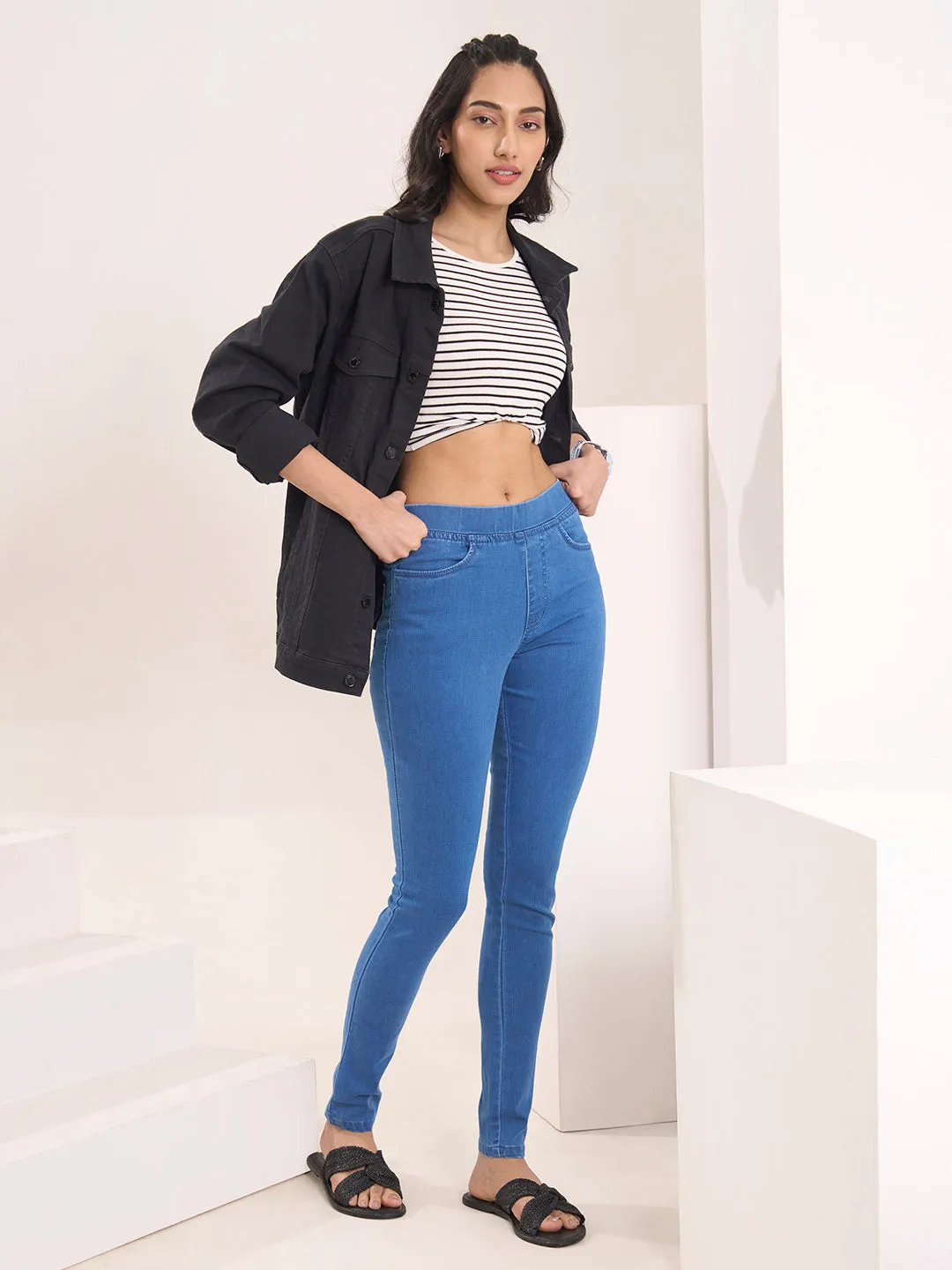 ZOLA Comfortable Denim Stone Blue Full Length Jegging for Women