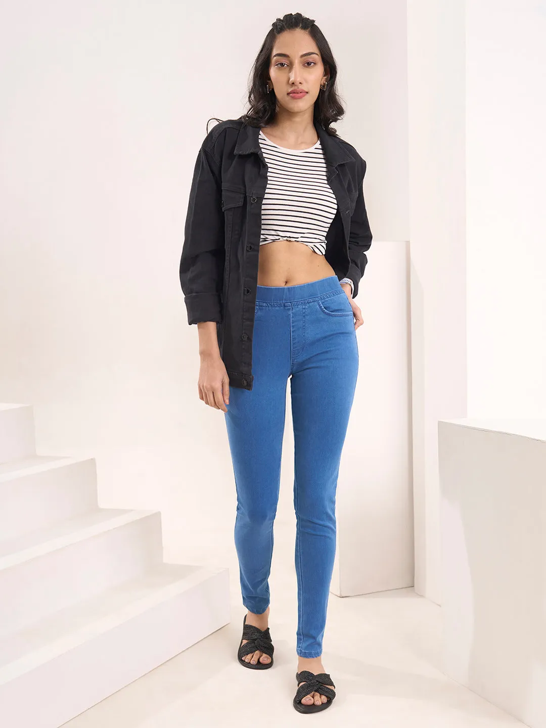 ZOLA Comfortable Denim Stone Blue Full Length Jegging for Women