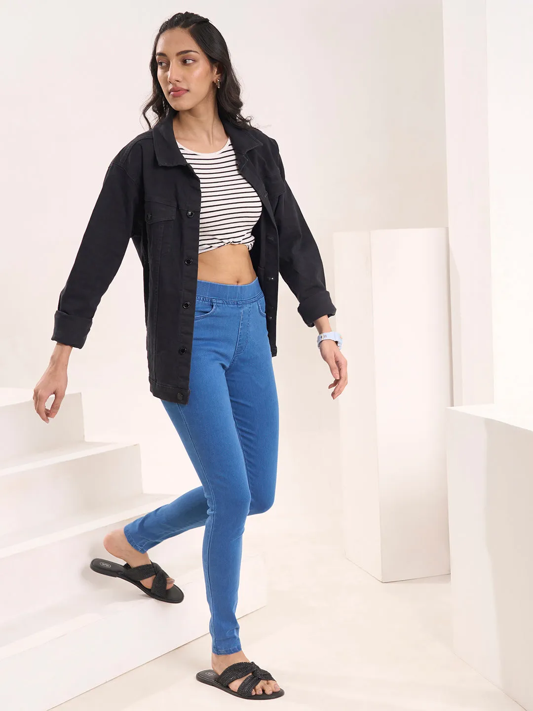 ZOLA Comfortable Denim Stone Blue Full Length Jegging for Women