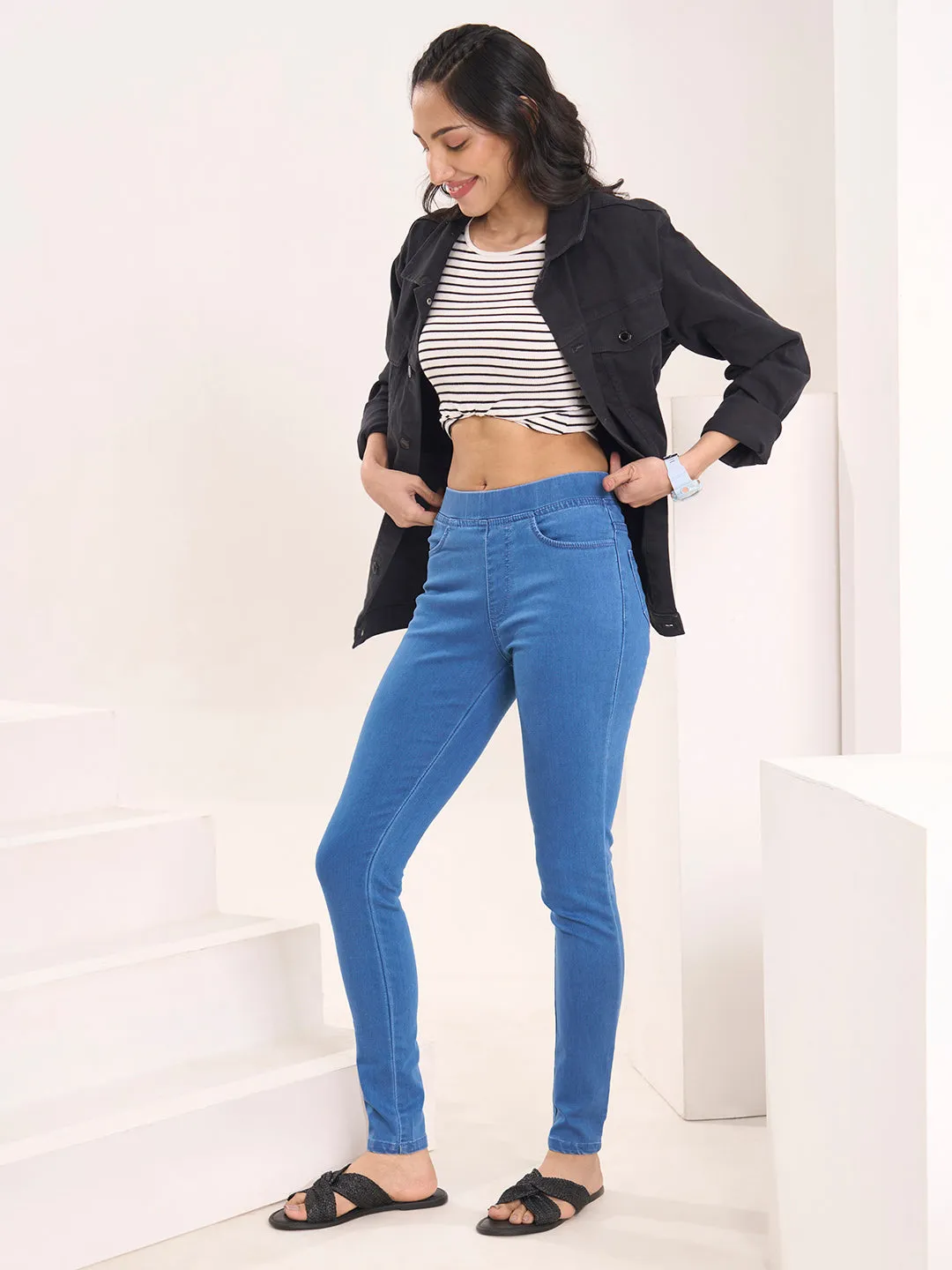 ZOLA Comfortable Denim Stone Blue Full Length Jegging for Women